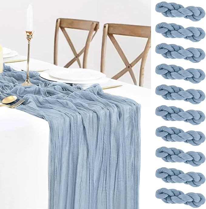 10 Pack Dusty Blue Cheesecloth Table Runner 35x120 Inch, Fall Thanksgiving 10FT Boho Gauze Cheese Cloth Table Runner Rustic Semi-Sheer Runner for Wedding Bridal Baby Shower Birthday Party Home Decor