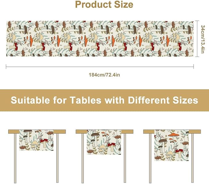 Mushroom Table Runner, Vintage Nature Plant Table Runner for Farmhouse Kitchen Dining Table Decoration for Home Party Decor 13x72 Inch