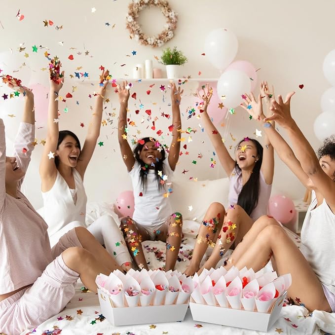 6 Set Wedding Confetti Cone Holder Box Each Includes 30 Pieces of Cone Papers and 30 Holes for 30 Confetti Cones Box Party Confetti Cone Kraft Stand Tray Box for Wedding Party Candy Flower(White)