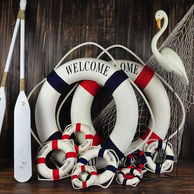 MorroMorn Lifebuoy Wall Hanging Decor - Welcome Aboard Mediterranean Style Home Decoration (Red, 20")