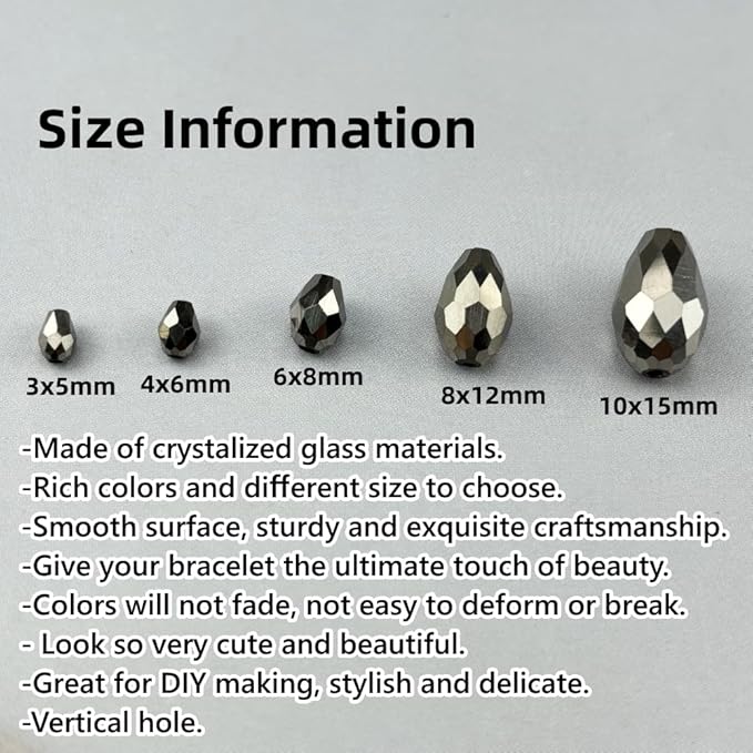 200pcs 3x5mm Teardrop Crystal Glass Beads for Jewelry Making, Faceted Vertical Hole Teardrop Glass Spacer Beads for Wind Chimes Bracelet Earring Necklace DIY Craft(Silver)