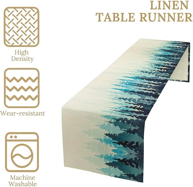 Misty Forest Table Runner,Foggy Blue Forest Landscape Table Runner for Kitchen Dining Table Home Party Decoration 13x36 Inch