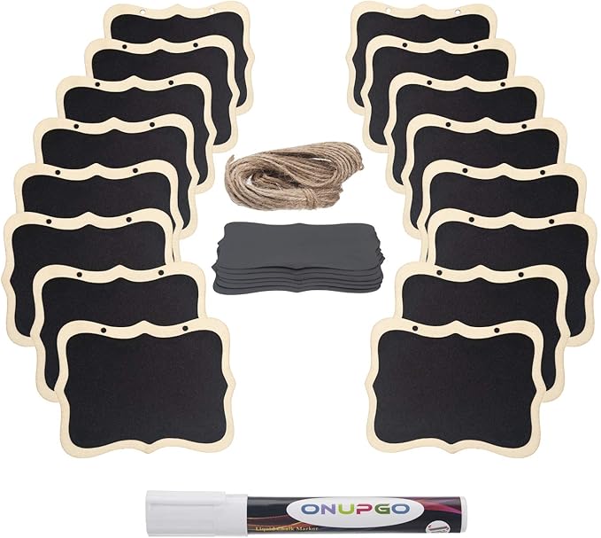 ONUPGO 16 Pack Chalkboard Tags with String, 4"x3" Hanging Chalkboard Signs with Liquid Chalk Marker, Wooden Mini Blackboard Tags Massage Board Tags, Hanging Chalkboard Price Tags