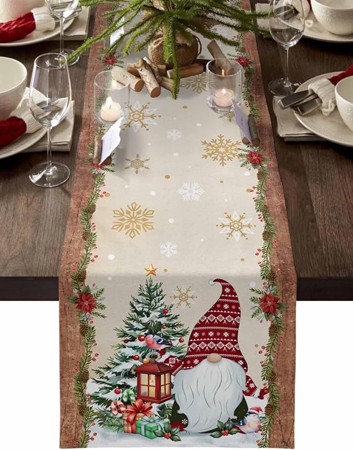 Christmas Gnomes Cotton Linen Table Runner for Dining Kitchen, Xmas Pine Tree Snowflake Rustic Wedding Outdoor Party Tablerunners Decoration, Retro Wood Dresser Scarf Tablecloth Runners 13x36 Inches