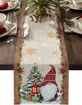 Christmas Gnomes Cotton Linen Table Runner for Dining Kitchen, Xmas Pine Tree Snowflake Rustic Wedding Outdoor Party Tablerunners Decoration, Retro Wood Dresser Scarf Tablecloth Runners 13x108 Inches