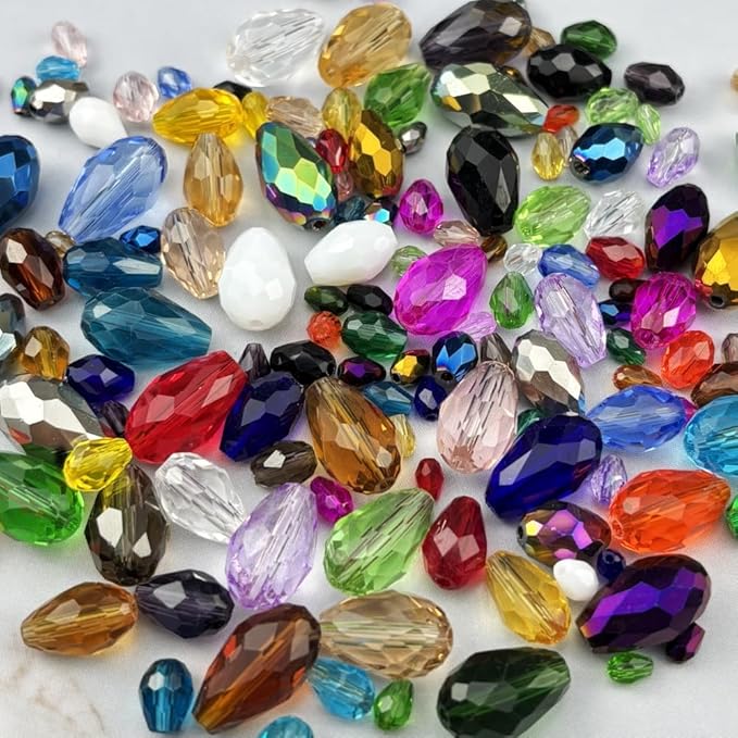 130pcs 6x8mm Teardrop Crystal Glass Beads for Jewelry Making, Faceted Vertical Hole Teardrop Glass Spacer Beads for Wind Chimes Bracelet Earring Necklace DIY Craft(Rose Red)