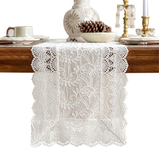 White Elegant Vintage Lace Table Runner,Wedding Lace Decor with Floral Embroidery,Tea Party Decor (White, 13.8X55 Inches)