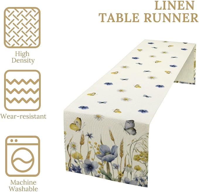 Floral Table Runner, Spring Watercolor Flower Plants Nature Butterfly Table Runner for Kitchen Dinner Living Room Home Party, 13x120 Inch