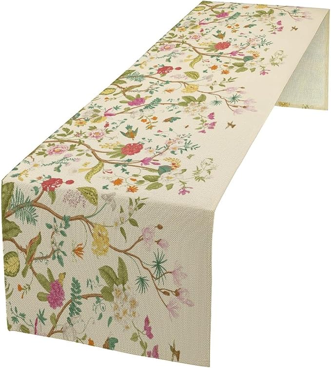Floral Table Runner, Vintage Birds Wildflowers Herbs Nature Theme Linen Long Table Kitchen Dining Table Holiday Party Decorative Table Runner,13in（33cm） W * 120in（305cm） L