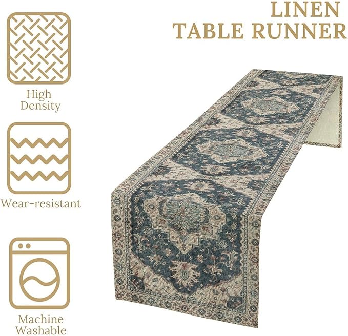 Boho Bohemia Style Table Runner, Vintage Blue Retro Flower Rustic Country Style Floral Print Pattern for Home Kitchen Table Decor Dining Coffee Room Garden Party Decor 13x120in