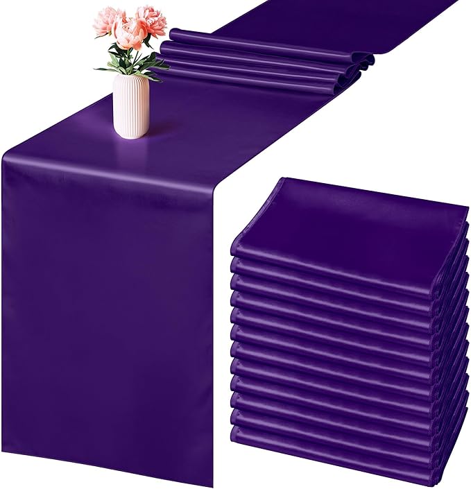 Aneco Satin 12 Pack Table Runner 12 x 108 Inch Dark Purple Long Wedding Satin Silk Table Runner for Wedding Banquet Graduations Birthday Party Decoration