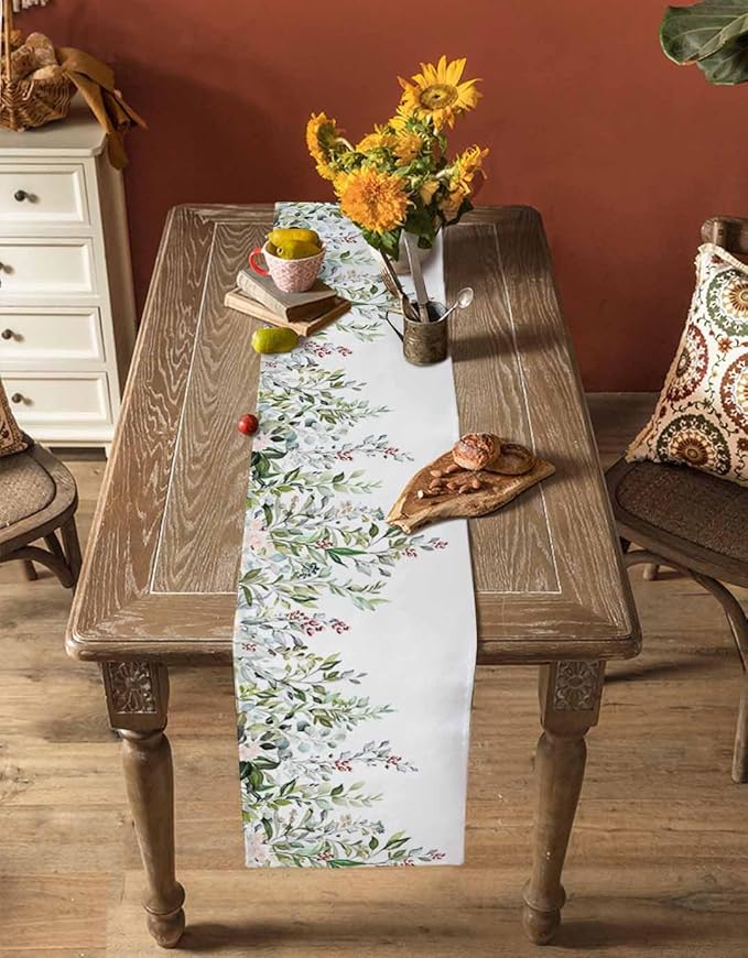 Botanical Eucalyptus Cotton Linen Table Runner for Dining Kitchen, Wedding Outdoor Party Tablerunners Decoration, Sage Green Leaves Elegant Floral Dresser Scarf Coffee Tablecloth Runners 13x108 Inches