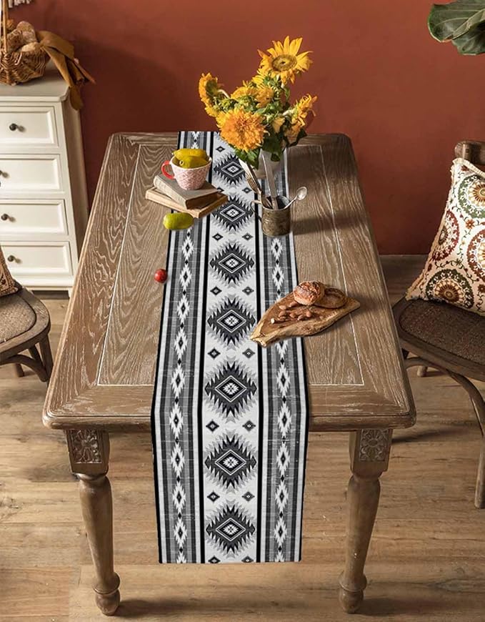 Aztec Southwest Cotton Linen Table Runner for Dining Kitchen, Wedding Outdoor Party Tablerunners Decoration, Boho Ethnic Tribes Vintage Grey Dresser Scarf Coffee Tablecloth Runners 13x36 Inches