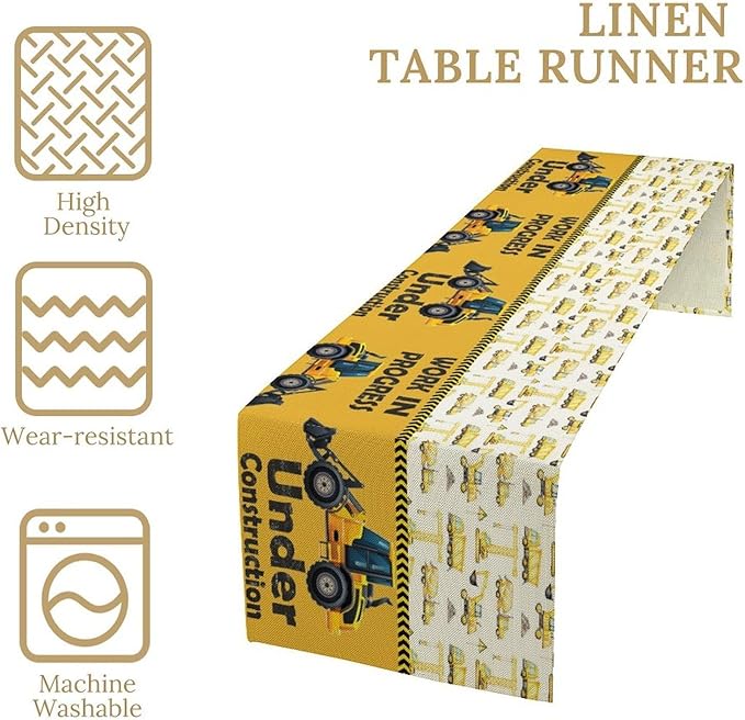 Cartoon Car Table Runner,Boys Kids Construction Vehicles Truck Yellow Print Tablecloth Burlap for Hotel Indoors Outdoor Dining Room Kitchen Home Decor,W13X L36 in
