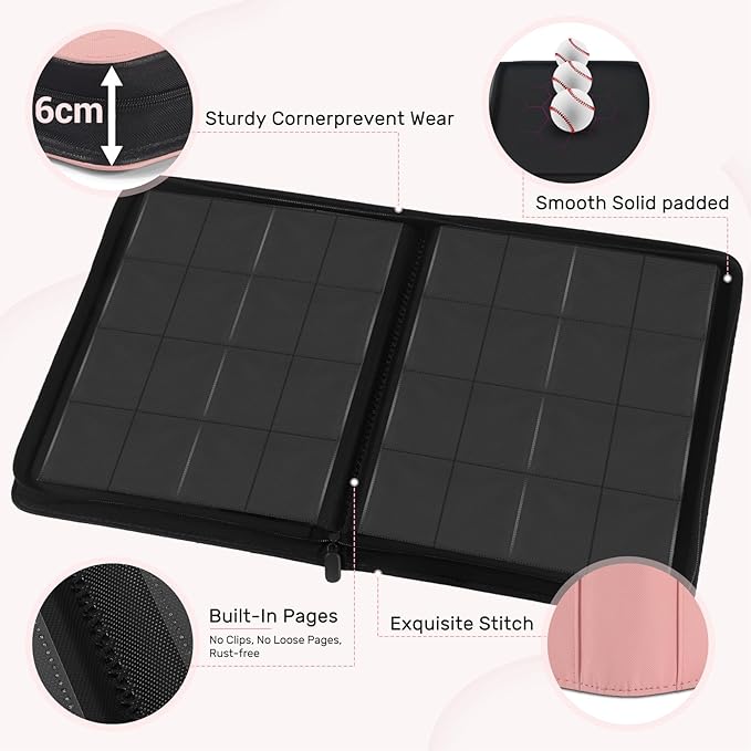 Card Binder 16 Pocket, Zipper Trading Card Binder Holds 1024 Cards, Double-sided Side Loading Card Storage Album, Ringless Card Protector, Card Collection Binder for TCG, MTG, Game Sport Card, Pink