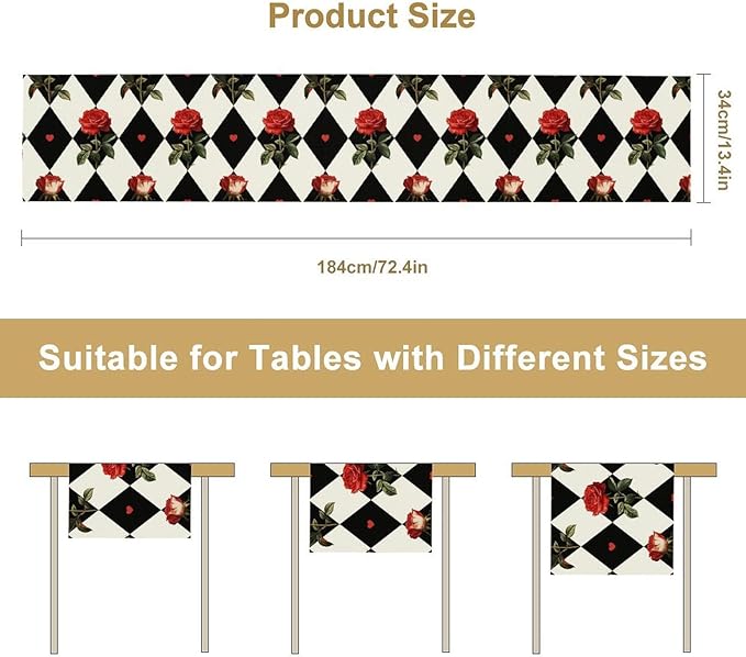 Vintage Rose Table Runner, Red Rose Hearts Black White Checkered Background Table Runner for Kitchen Dinning Table Runner Decor Home Wedding Party Holiday, 13x90 Inch