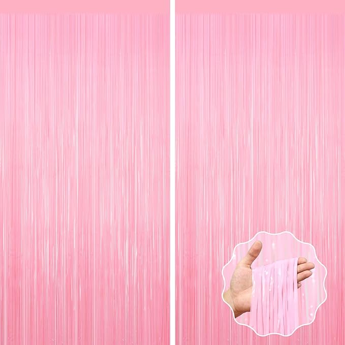 2Pack Foil Curtain Pastel Pink Backdrop Streamers Metallic Tinsel Fringe Curtains Photo Booth Props for Birthday Wedding Engagement Bachelorette Christmas Celebration Valentines Party Decorations