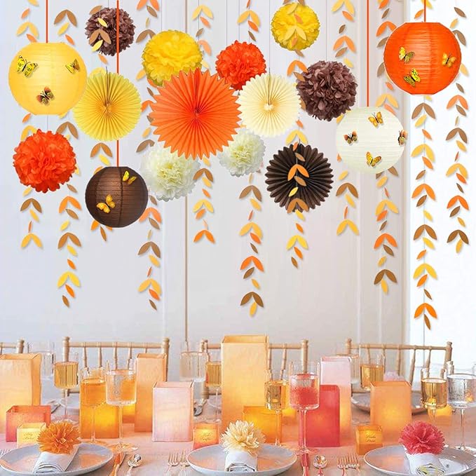 Banners Fall Party Decor Kit with Paper Fans, Lanterns and Pom Poms