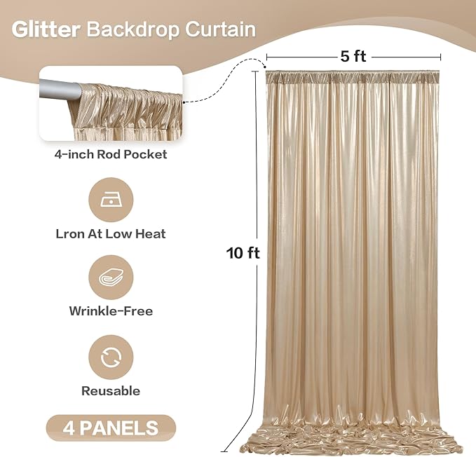 Backdrop Champagne Sequin Curtain with 4 Panels, 5x10ft Each