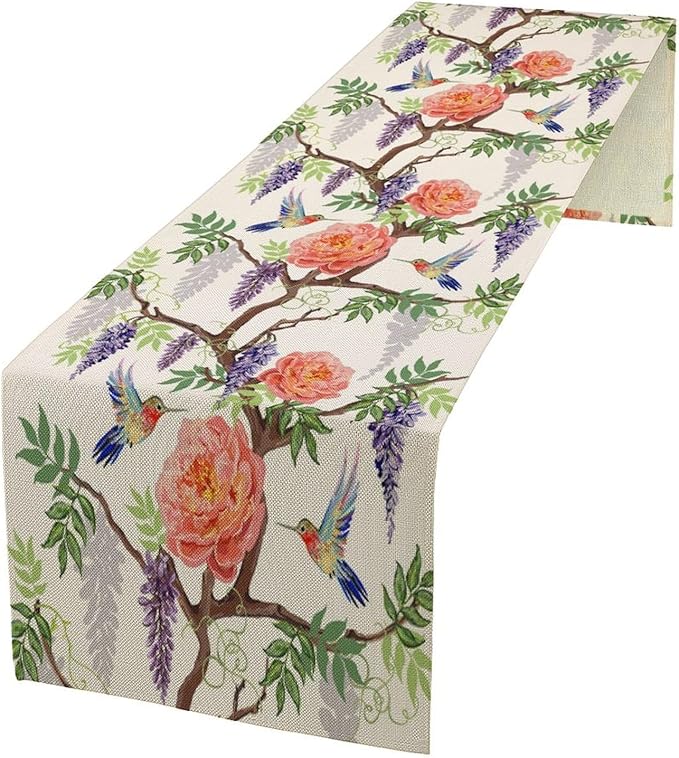 Vintage Bird Flower Table Runner Seasonal Spring Purple Wisteria Garden Plants Lavender Pink Florals Farmhouse Country Kitchen Dinner Runner Dining Table Decoration for Home Party Holiday 13"x60"
