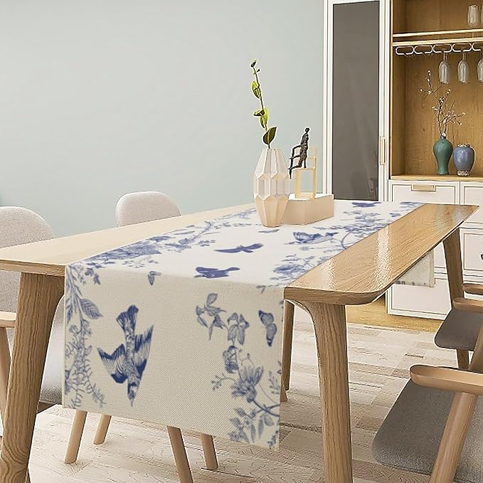 Monochrome Sketch Flowers Bird Table Runner, Seasonal Spring Fall Plants Blue Florals Dinner Runner for Home Kitchen Dining Table Party Holiday Decoration 13"x120"