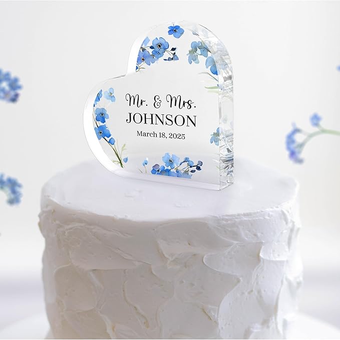 Non-Edible Cake Topper: Personalized Heart Acrylic Block, 2 Sizes, 7 Colors
