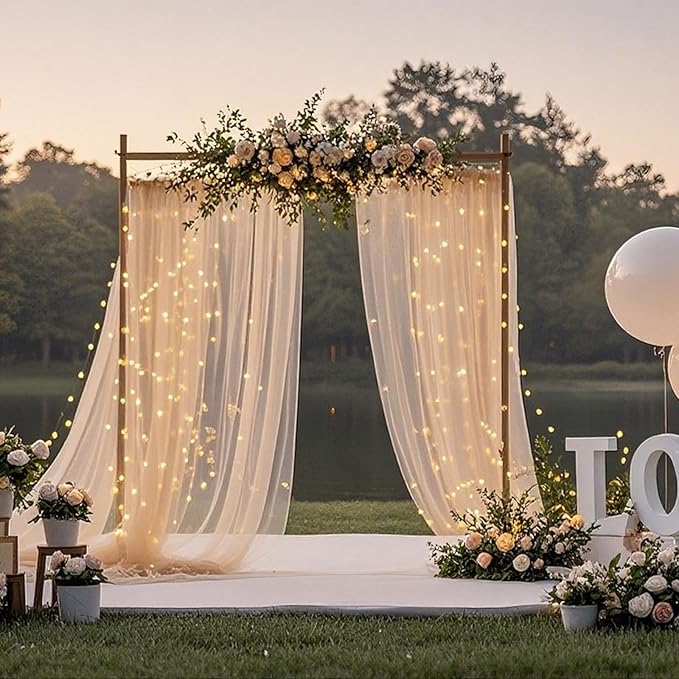 10×10ft Tulle Backdrop Curtains with Lights String - 300LED Fairy Lights Sheer Curtain Backdrop for Weddings Baby Shower and Birthday Party Decorations(2 Panels 5×10ft)