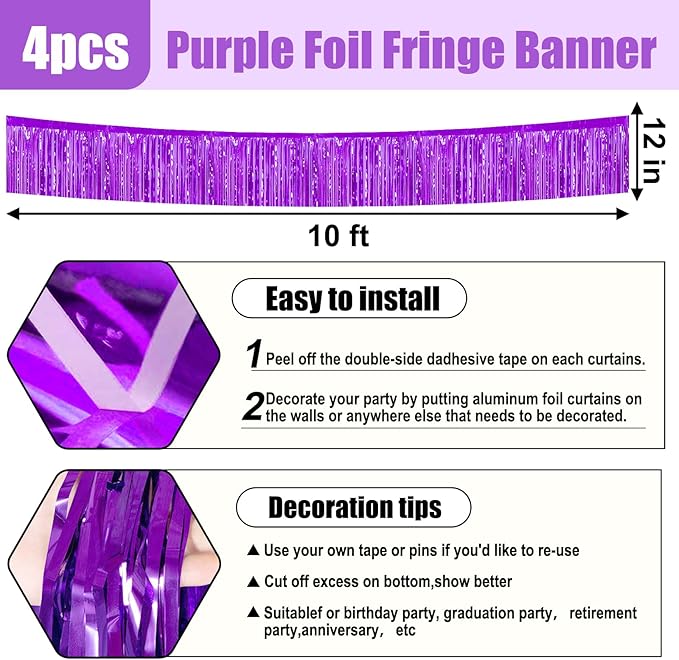 4 Pack 10 Feet Purple Foil Fringe Garland Metallic Tinsel Streamers Banner Wall Hanging Curtain Backdrop for Parade Floats, Wedding, Graduate, Mother's Day, Birthday Party Decoration