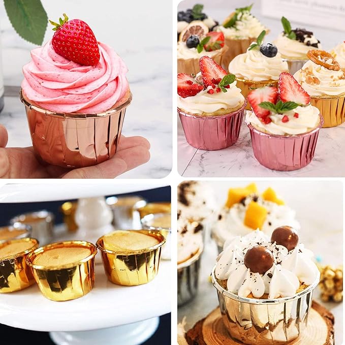 Cupcake Liners with Dome Lids 100Pack, Free-Air 3.5Oz Mini Foil Baking Cups Muffin Liners, Disposable Ramekins Cupcake Tins Cupcake Wrappers for Wedding Birthday Party, with Spoons-White in Gold