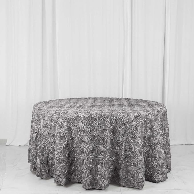 Efavormart 120" Wholesale Round Table Cover Silver Grandiose Rosette 3D Satin Tablecloth for Wedding Party Event Decoration