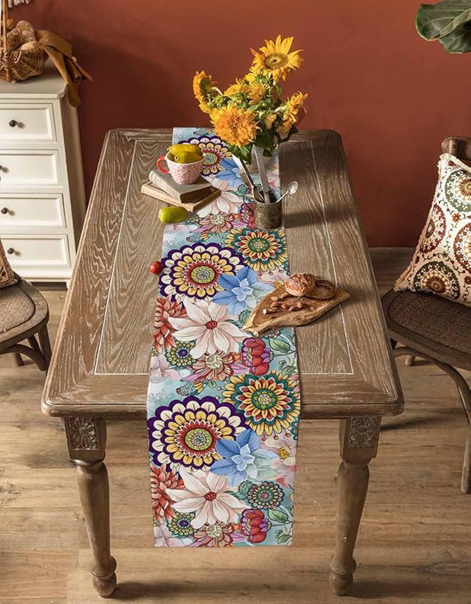 Boho Flowers Cotton Linen Table Runner for Dining Kitchen, Wedding Outdoor Party Tablerunners Decoration, Colorful Floral Farm Vintage Botanical Dresser Scarf Coffee Tablecloth Runners 13x120 Inches