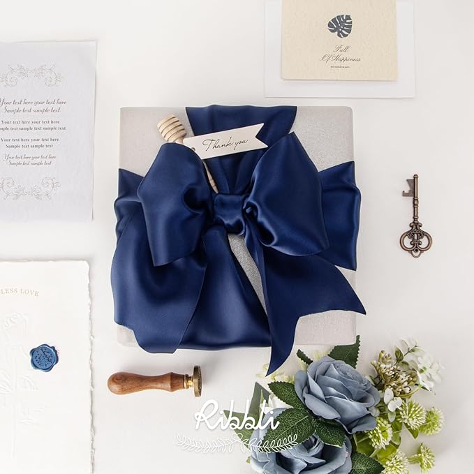 Gift Wrap Ribbon, Navy Satin Double-Faced Polyester, 4 Inch x 10 Yards