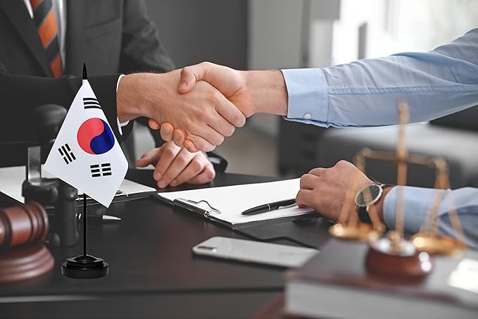 South Korea Korean Deluxe Desk Flag Set Small Mini Miniature South Korea Korean Table Desktop Flags With Solid Pole, Black Base and Spear Top(2 Pack)