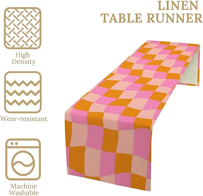 Checkered Table Runner Orange Retro 60s70s Boho Style Kitchen Restaurant Decoration Suitable for Indoor and Outdoor Festival Home Wedding Party Table Runner 13x36 Inch
