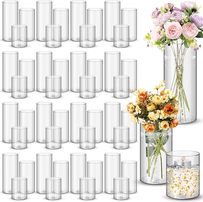 Cylinder Vases, 48 Clear Plastic Pieces in 3 Sizes for Table Décor