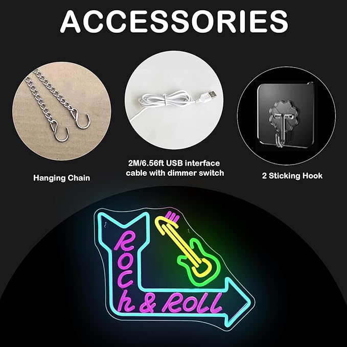 Rock Roll Guitar with Arrow Neon Sign, USB Powered Dimmable, Retro Music-Themed LED Wall Decor with Electric Guitar Design, 5V/2A, for Bar, Party, Gift, Bedroom, LIVE House, Man Cave, Rock Roll Fans