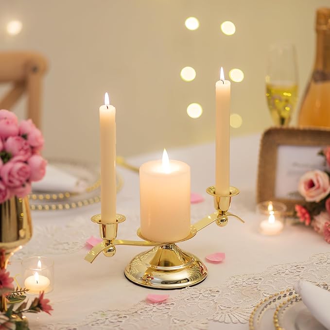 Candlestick Holder Set, 3-Arm Gold Metal Unity Candle Stand