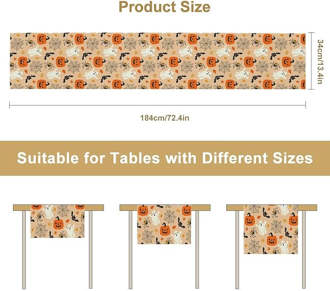Halloween Table Runner,Cute Ghost Pumpkin Leaves Table Runner for Kitchen Dining Table Decoration Home Party Decor 13x60 Inch