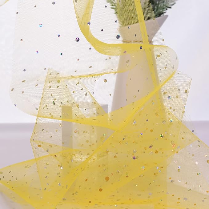 Glitter Tulle Rolls, 6” by 50 Yards (150FT) Sequin Tule Netting Fabric Tulle for Tutu Skirts Sewing Birthday Wedding Party Decoration (Yellow)