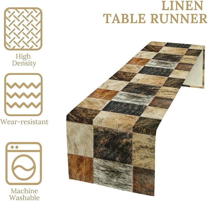 Rustic Cow Skin Patchwork Print Table Runner, Farmhouse Country Western Style Fur Table Cover for Dinning Home Party Holidays Home Setting, 13x108 Inch