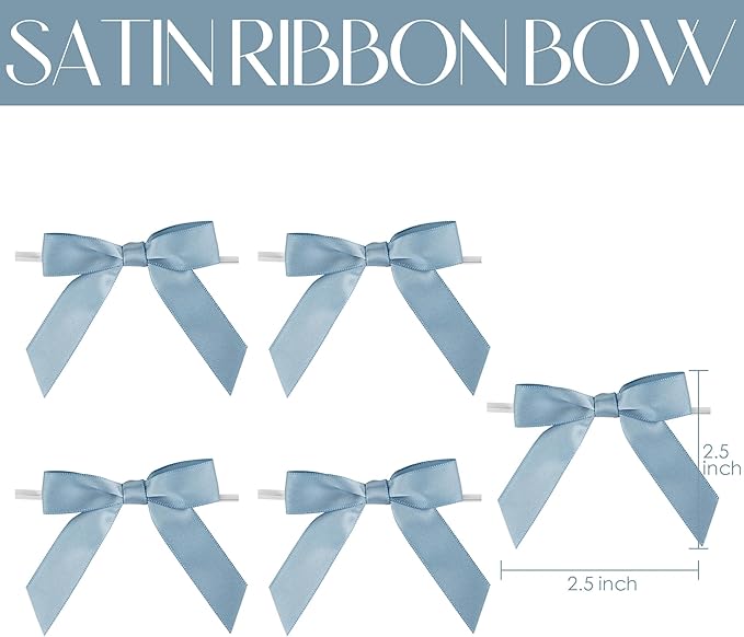 Gift Wrap Bows, 50 Dusty Blue Satin Bows with Twist Ties, 2.5 Inch