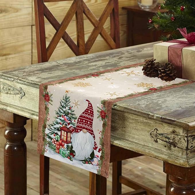 Christmas Gnomes Cotton Linen Table Runner for Dining Kitchen, Xmas Pine Tree Snowflake Rustic Wedding Outdoor Party Tablerunners Decoration, Retro Wood Dresser Scarf Tablecloth Runners 13x48 Inches