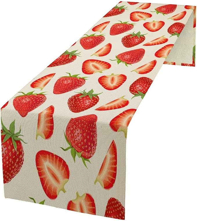 Strawberry Table Runner Spring Summer Wild Berry Fruit Theme Dinner Runner for Girl Baby Shower Party Holiday Home Kitchen Dining Table Decor 13x90
