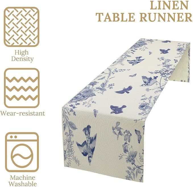 Monochrome Sketch Flowers Bird Table Runner, Seasonal Spring Fall Plants Blue Florals Dinner Runner for Home Kitchen Dining Table Party Holiday Decoration 13"x60"