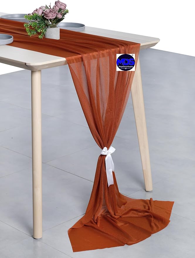 MDS 15 Pack 10ft Chiffon Table Runner 29 x 120 Inches Sheer Wedding Runner Romantic Rustic Table Runner for Wedding Decorations, Birthday Parties, Bridal Shower Party Arch Decor - Terracotta