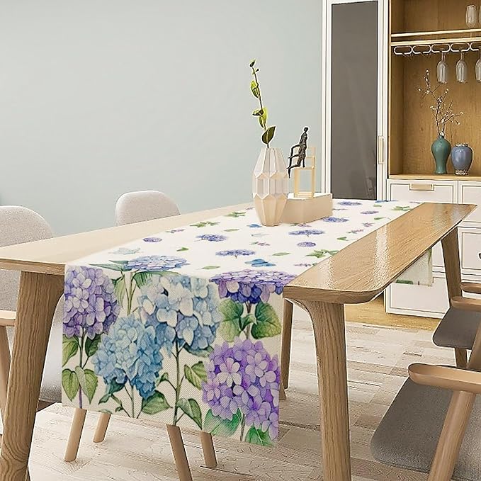 Spring Hydrangea Flower Table Runner, Seasonal Summer Plants Watercolor Florals Butterfly Dinner Runner for Home Kitchen Dining Table Party Holiday Decoration 13"x90"