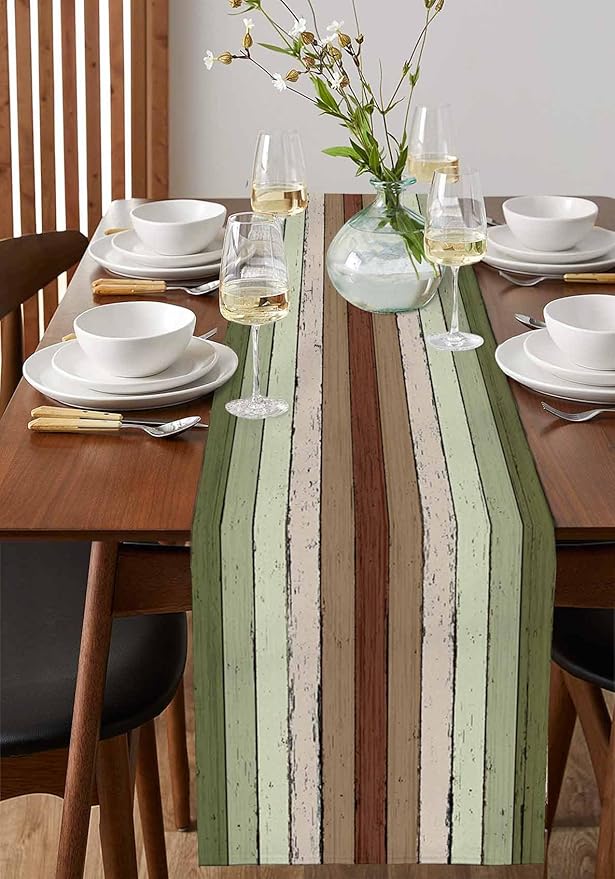 Sage Green Wooden Cotton Linen Table Runner for Dining Kitchen, Wedding Outdoor Party Tablerunners Decoration, Vintage Country Retro Distressed Grain Dresser Scarf Coffee Tablecloth Runners 13''x72''