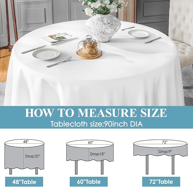 VidaFete 6 Pack 90inch Round Tablecloth Polyester Table Cloth，Stain Resistant and Wrinkle Polyester Dining Table Cover for Kitchen Dinning Party Wedding Rectangular Tabletop Buffet Decoration(White)