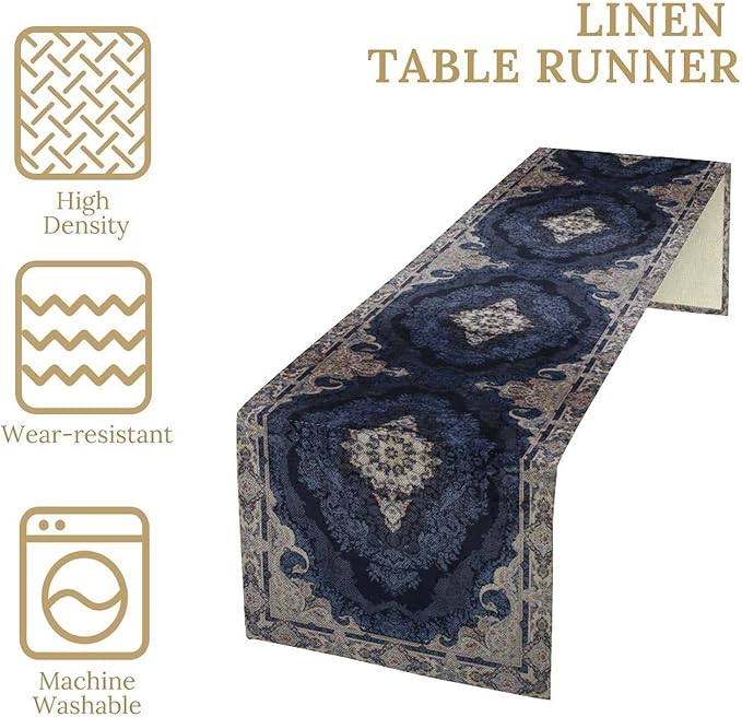 Vintage Boho Floral Table Runner, Rustic Country Farmhouse Dark Blue Grey Retro Flower Pattern for Home Kitchen Table Decor Dining Coffee Room Party Decor 13x90in