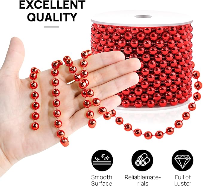 Red 8MM Faux Pearl Garland, 33 Feet Roll Strand Wedding Party Decoration, Christmas Tree Decorations